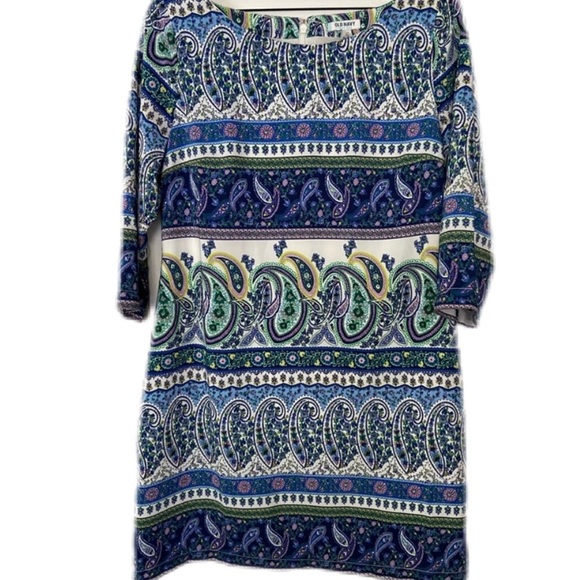 Old Navy Blue, Green and White Paisley Print 3/4 Sleeve Dress Size Medium - Picture 1 of 12